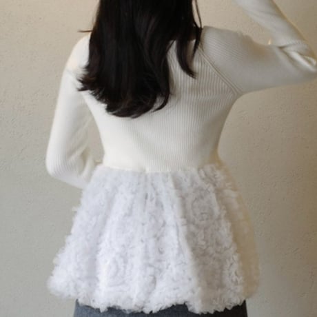 Floral Lace Peplum Knit｜フラワーレース切替ペプラムニットトップス（3color）　HB1071