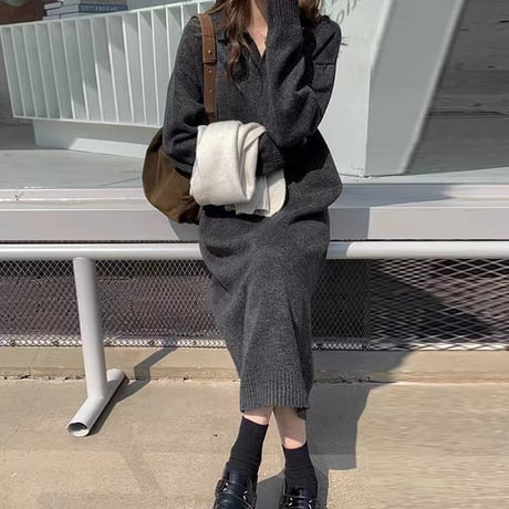 Collar Knit Long Onepiece｜襟付きニットロングワンピース（3color）　HE1001