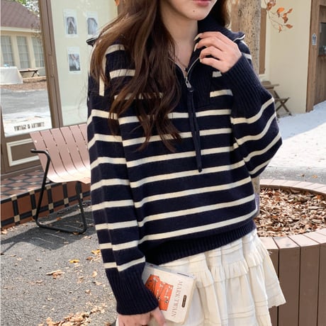 Half Zip Stripe Knit｜ハーフジップストライプニット（4color）　HB1022