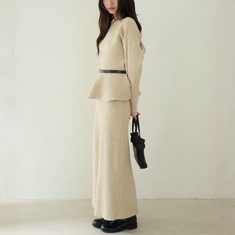 Rib Knit Peplum Set｜ペプラムニットトップス＆スカートセットアップ（2color）　HF1019