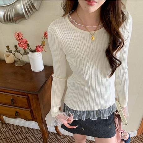 Rib Mesh Knit｜リブメッシュ切替ニットトップス（4color）　HB1064