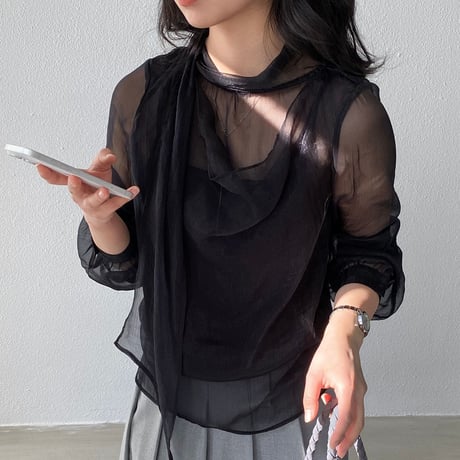 misty sheer ribbon blouse｜ミスティシアーリボンブラウス（2color）　HB1090