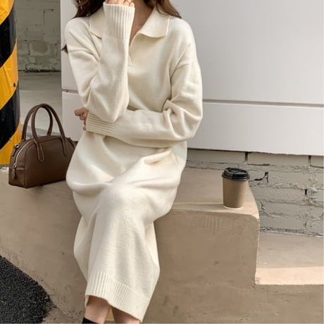 Collar Knit Long Onepiece｜襟付きニットロングワンピース（3color）　HE1001