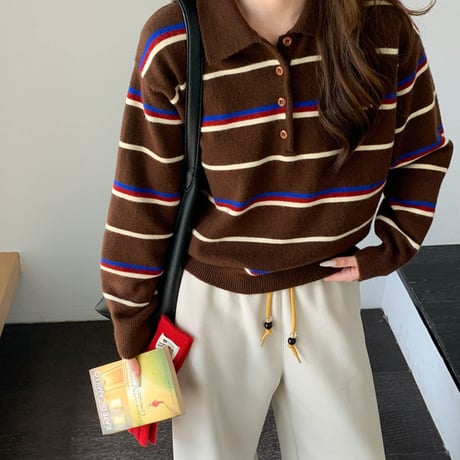 Retro Block Stripe Polo Knit｜レトロブロックストライプポロニット（3color）　HB1023