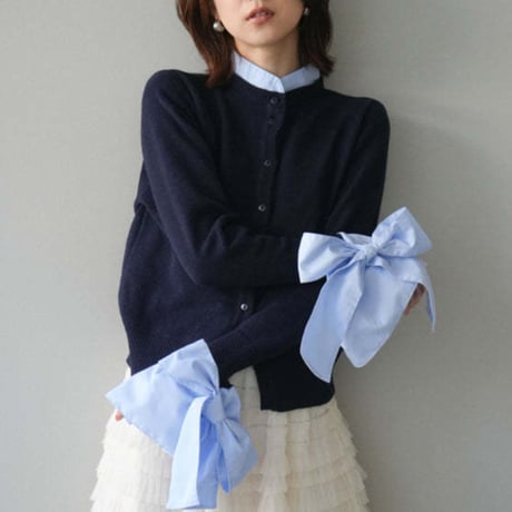 Ribbon Cuff Knit Cardigan｜袖リボンレイヤード風ニットカーディガン（2color）　HA1062