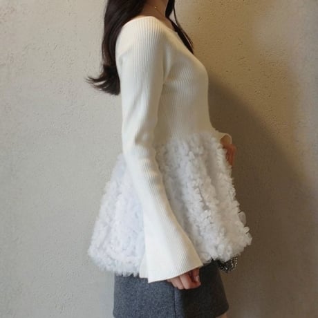 Floral Lace Peplum Knit｜フラワーレース切替ペプラムニットトップス（3color）　HB1071