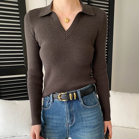 French V-neck Rib Knit｜フレンチVネックポロリブニットトップス （6color）　HB1035