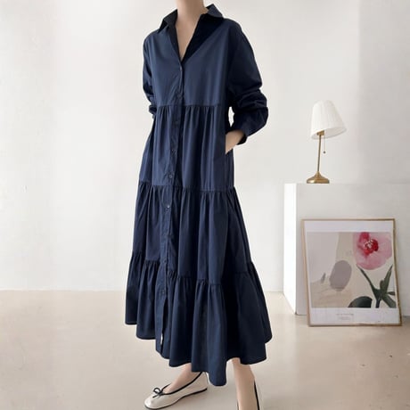 Tiered Shirt Onepiece｜ティアードシャツワンピース（3color）　HE1007