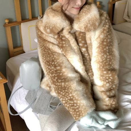 Banbi Faux Fur Short Coat｜バンビ柄フェイクファーショートコート　HA1058