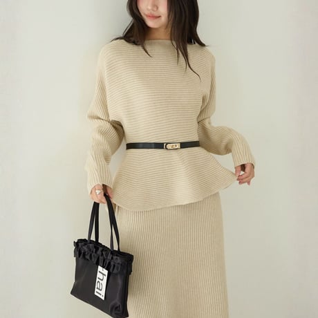 Rib Knit Peplum Set｜ペプラムニットトップス＆スカートセットアップ（2color）　HF1019