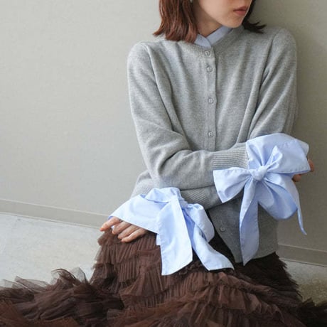 Ribbon Cuff Knit Cardigan｜袖リボンレイヤード風ニットカーディガン（2color）　HA1062