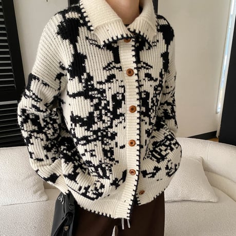 Jacquard High Neck Knit Cardigan｜ジャカード編みハイネックニットカーディガン（2color）　HA1050