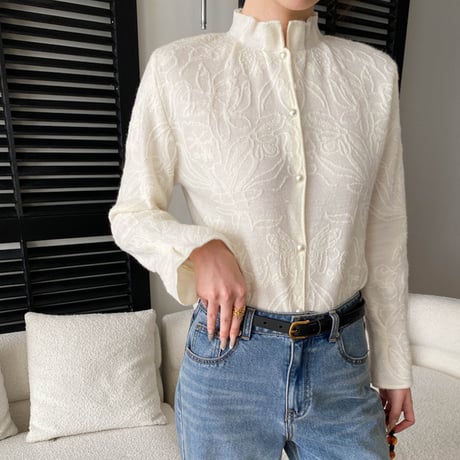 Jacquard Frill Neck Knit Cardigan｜フリルネックジャカードニットカーディガン　HA1066
