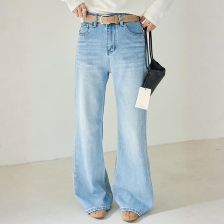 Retro Light Blue Denim｜ハイウエストワイドレッグデニムパンツ（ベルト付き）　HC1030