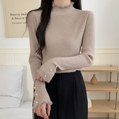Pearl Trim Rib Knit Top｜パール×フリルリブモックネックニットトップス（4color）　HB1054