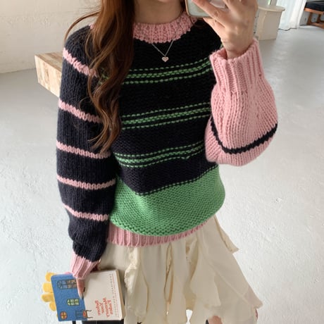 Lazy Color Block Knit｜ナチュラル配色クルーネックセーター（3color）　HB1003