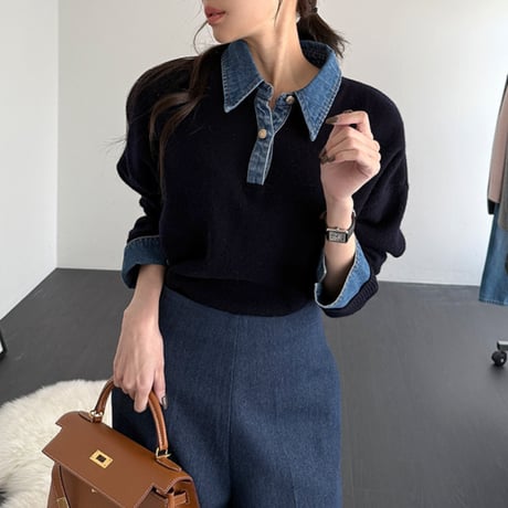 Denim Collar Knit Top｜デニム襟レイヤードニットトップス　HB1057