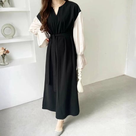 Sleeve Onepiece｜スリーブVネックロングワンピース（3color）　HE1006