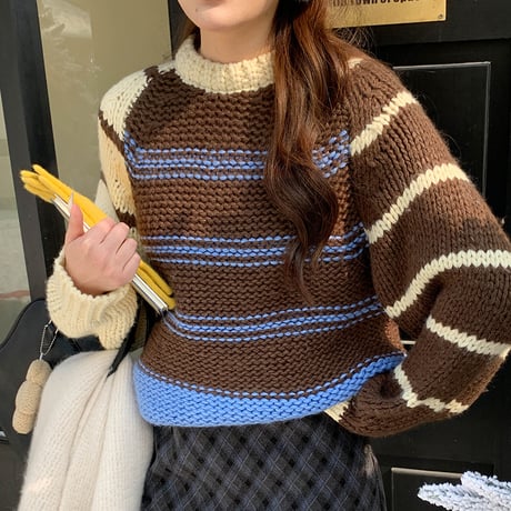 Lazy Color Block Knit｜ナチュラル配色クルーネックセーター（3color）　HB1003
