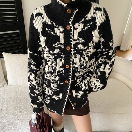 Jacquard High Neck Knit Cardigan｜ジャカード編みハイネックニットカーディガン（2color）　HA1050