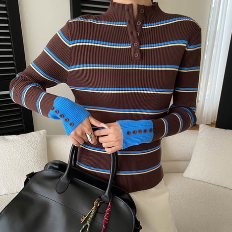 Button Stripe Rib Knit Top｜ボタンデザインストライプリブニットトップス（2color）　HB1050