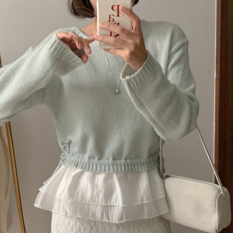 Layered Knit Top｜シフォンレイヤードニットトップス（2color）　HB1060