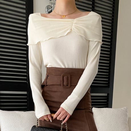Pleats Off-Shoulder Knit｜プリーツデザインオフショルダーニットトップス（3color）　HB1070