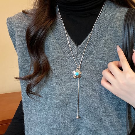 Tiger Eye Flower Heart Pull-Out Necklace｜タイガーアイフラワーハートプルアウトネックレス（4color）　HI1011