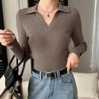 French V-neck Rib Knit｜フレンチVネックポロリブニットトップス （6color）　HB1035