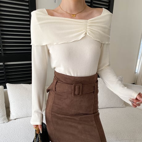 Pleats Off-Shoulder Knit｜プリーツデザインオフショルダーニットトップス（3color）　HB1070