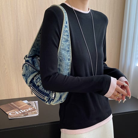 Soft Color Block Long Tee｜ソフト配色レイヤードトップス（2color）　HB1048