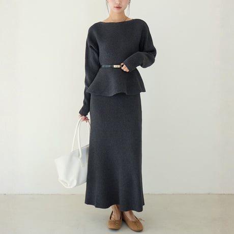Rib Knit Peplum Set｜ペプラムニットトップス＆スカートセットアップ（2color）　HF1019