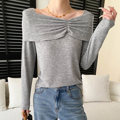 Pleats Off-Shoulder Knit｜プリーツデザインオフショルダーニットトップス（3color）　HB1070