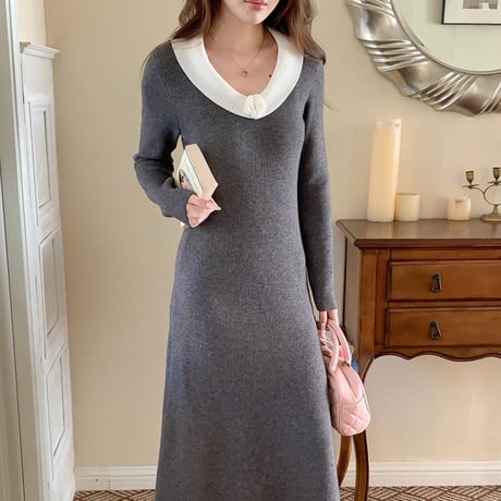 Camellia Knit Dress｜カメリア襟ニットワンピース（2color）　HE1004