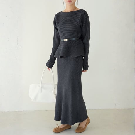 Rib Knit Peplum Set｜ペプラムニットトップス＆スカートセットアップ（2color）　HF1019
