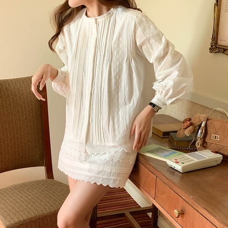 Lace Pleats Blouse & Skirt Set｜レース×プリーツブラウス＆スカートセットアップ　HF1013