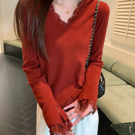 Lace V-Neck Knit Top｜レースVネックニットトップス（4color）　HB1052