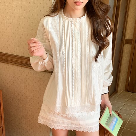 Lace Pleats Blouse & Skirt Set｜レース×プリーツブラウス＆スカートセットアップ　HF1013