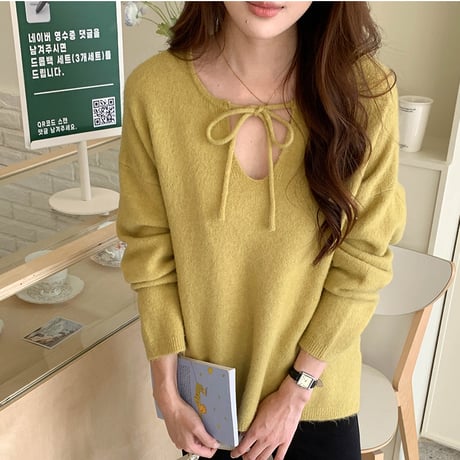 Tie Neck V-Neck Knit Pullover｜タイネックVネックニットトップス（3color）　HB1074