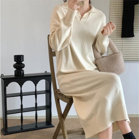 Collar Knit Long Onepiece｜襟付きニットロングワンピース（3color）　HE1001