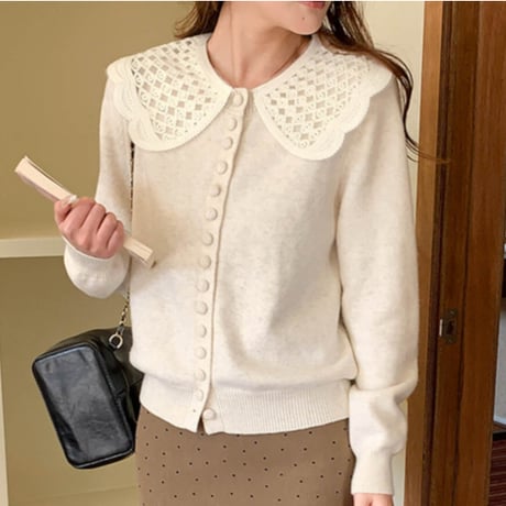 Lace Collar Knit Cardigan｜レースカラー付きニットカーディガン（3color）　HA1065