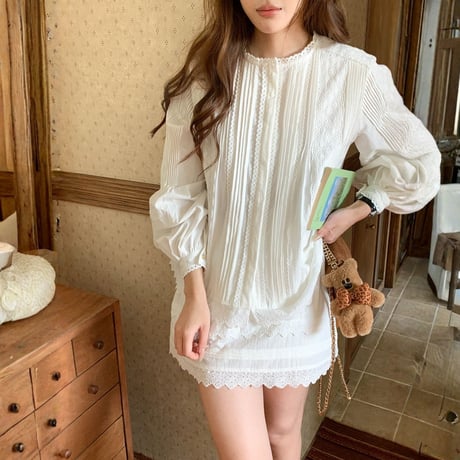 Lace Pleats Blouse & Skirt Set｜レース×プリーツブラウス＆スカートセットアップ　HF1013