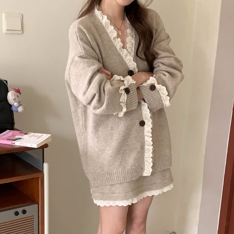 Lace Trim Knit Set｜レーストリムニットカーディガン＆スカートセットアップ（2color）　HF1014