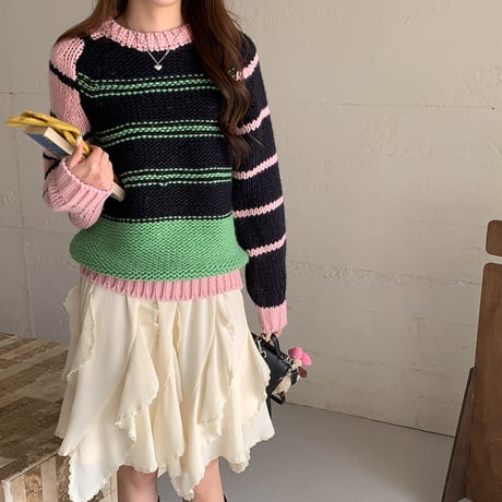 Lazy Color Block Knit｜ナチュラル配色クルーネックセーター（3color）　HB1003