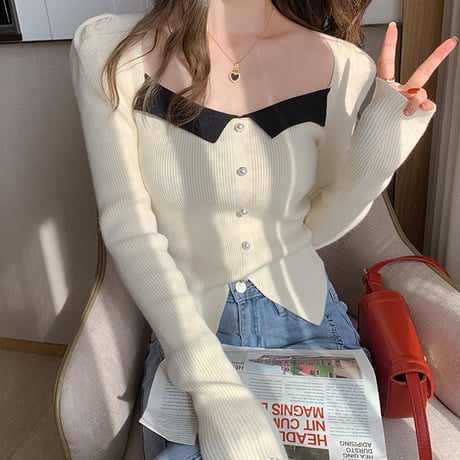 Contrast Square Neck Rib Knit Top｜配色スクエアネックリブニットトップス（2color）　HB1055