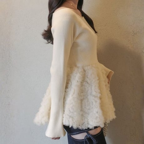 Floral Lace Peplum Knit｜フラワーレース切替ペプラムニットトップス（3color）　HB1071