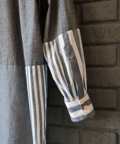 〈ENGINEERED GARMENTS〉Combo Spread Collar Shirt - Stripe Cotton Chambray / Blue x White