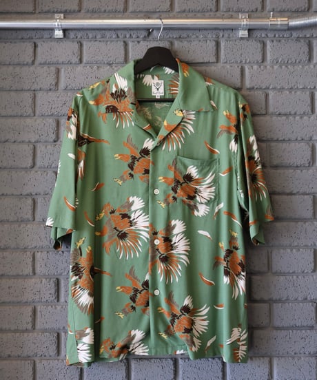 〈SOUTH2 WEST8〉S/S Open Collar Shirt - Eagle / Yellow, Green