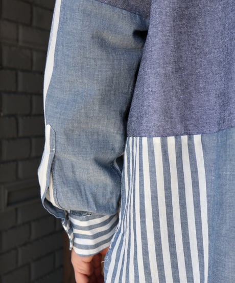 〈ENGINEERED GARMENTS〉Combo Spread Collar Shirt - Stripe Cotton Chambray / Blue x White