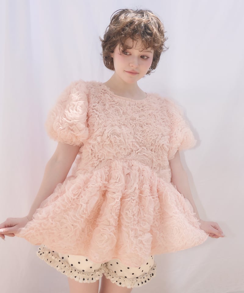 rosette tulle peplum blouse(pink) | sovisoon.of